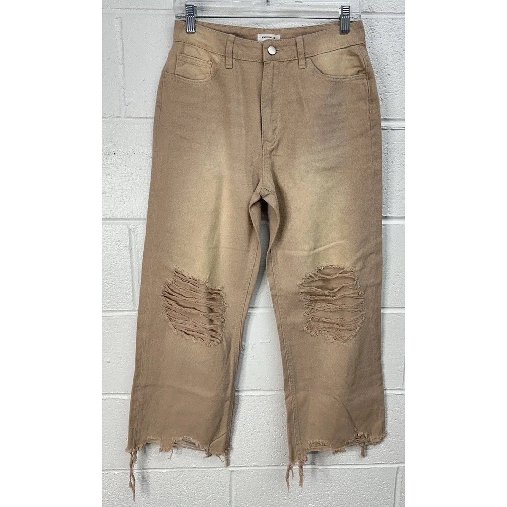 Annie Wear Wide Leg Jeans Tan Distressed Raw Hem / Women's Small‎
